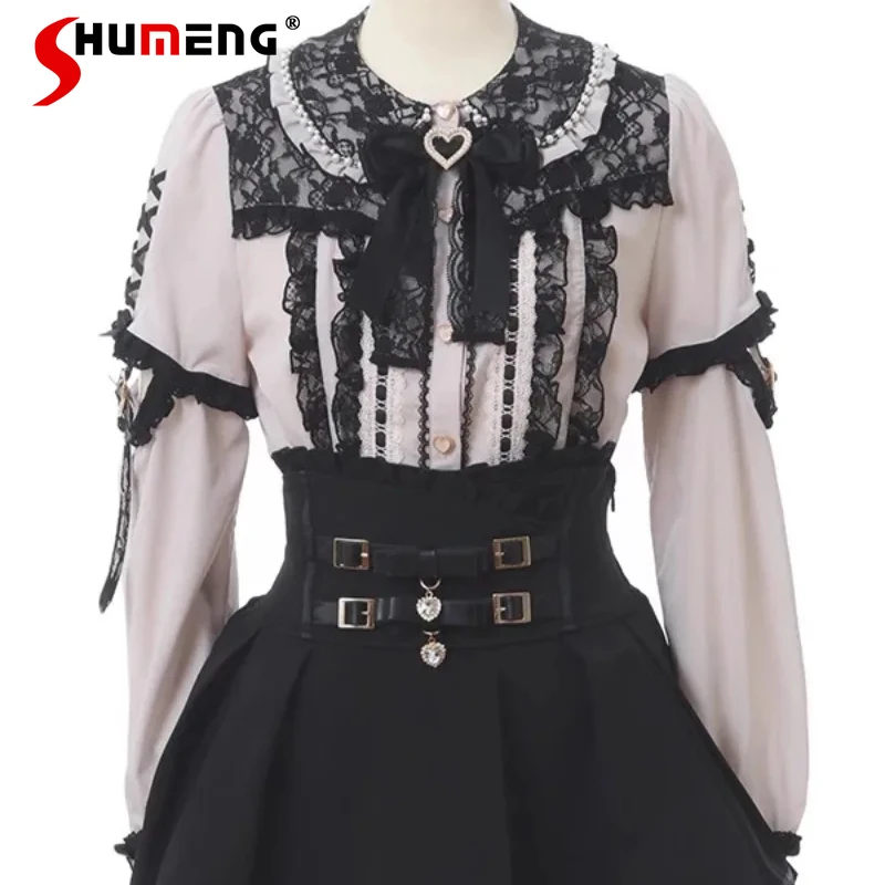 Japanese Lolita Style Blouse Liz Mine Series Cute Detachable Sleeved Lace Bow Stitching Single-breasted White Shirts Women's Top