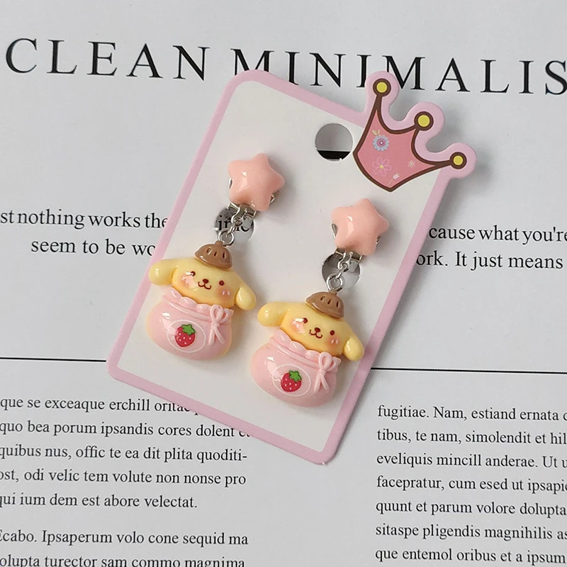 1Pair Sanrio Cartoon Cute Kuromi Hello Kitty Melody Pochacco Resin Drop Ear Clip Sweet Earrings For Women Girls Ear Jewelry