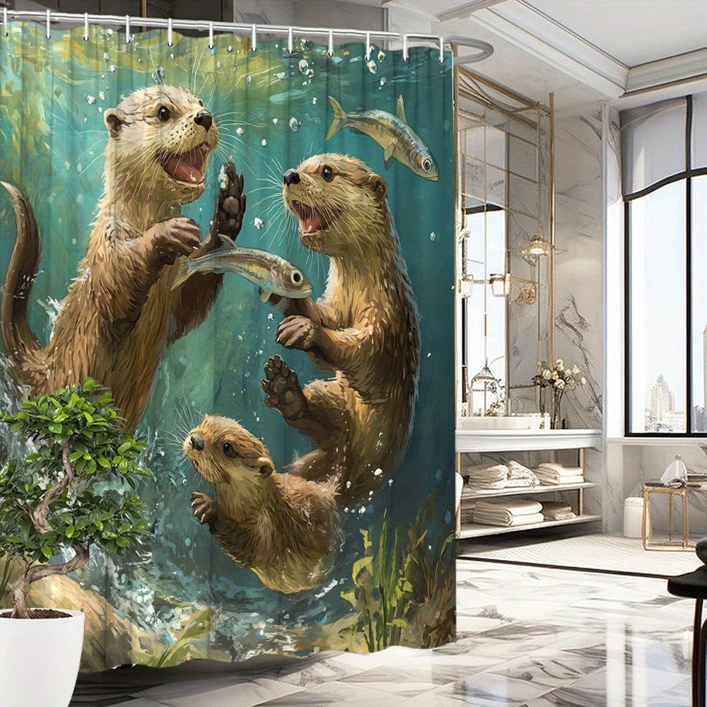 Shower Curtain Otters Underwater Ocean Scene Realistic Print Polyester 70.8x70.8 Inch Machine Washable