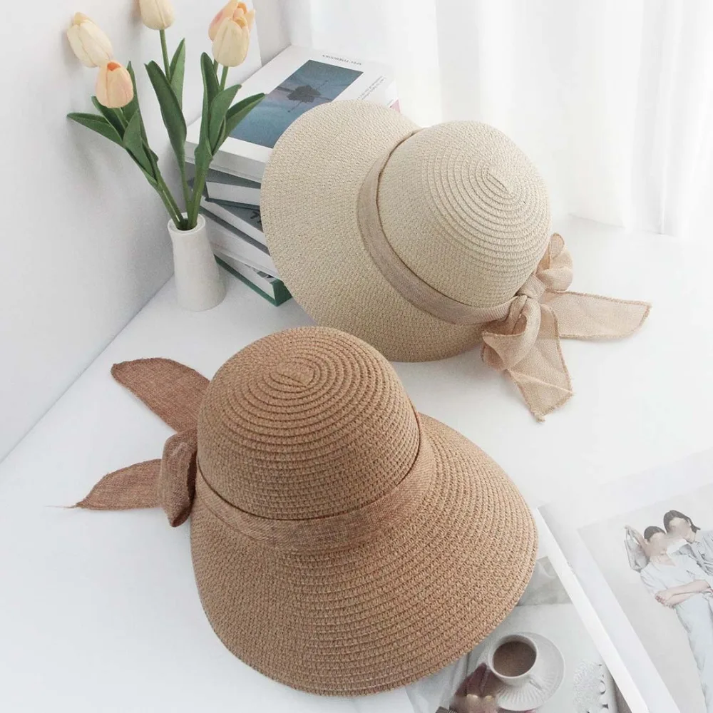 

Basin Cap Portable Straw Weaving Beach Hat Hollow Out Polyester Bow Fisherman Cap Breathable Cotton Foldable Bucket Hat Spring