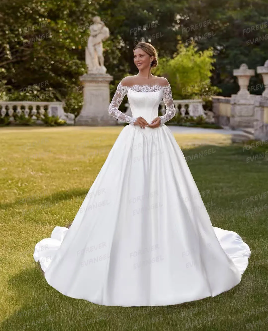 

Elegant Wedding Dresses Woman's A Line Bride Gowns Lace Long Sleeve Formal Satin Sweep Train Customized Vestidos De Novia Party