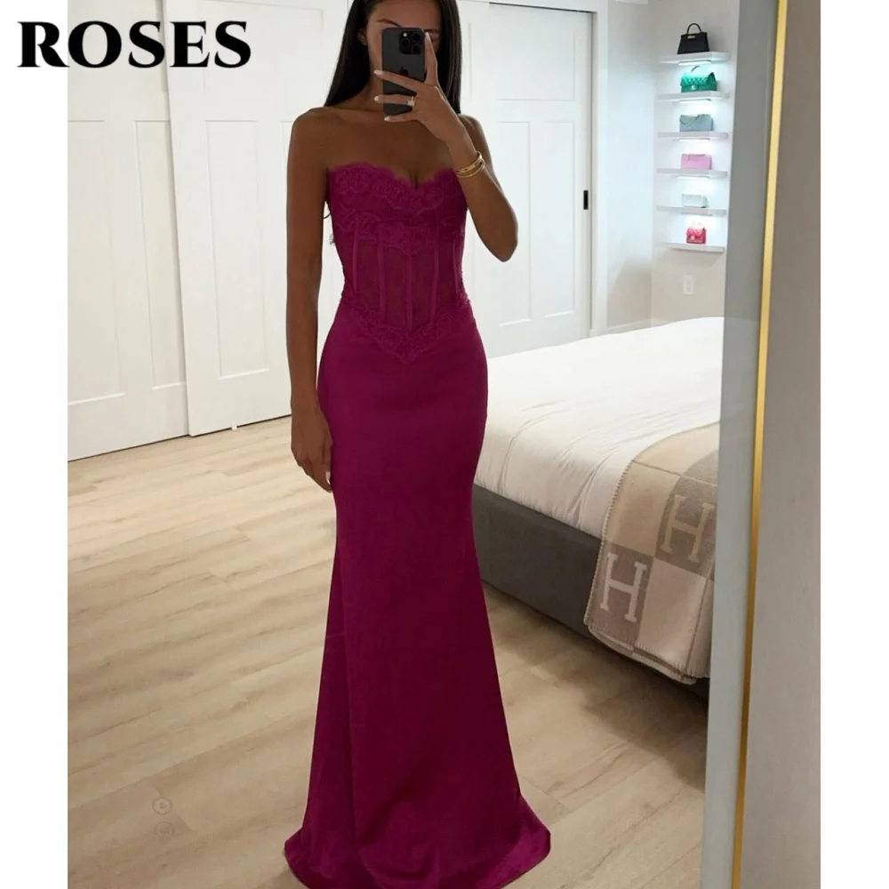 

ROSES Fuchsia Elegant Prom Dress Lace Sweetheart Hollow Evening Party Dress with Fishbone Satin sleeveless Prom Gown Customized