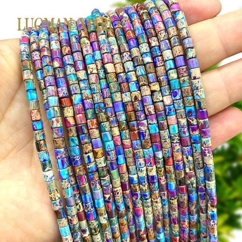 4x4MM Cylinder Natural Stone Blue Purple Sea Sediment Jasper Tube Loose Spacer Beads for Jewelry Making DIY Bracelet Accessories