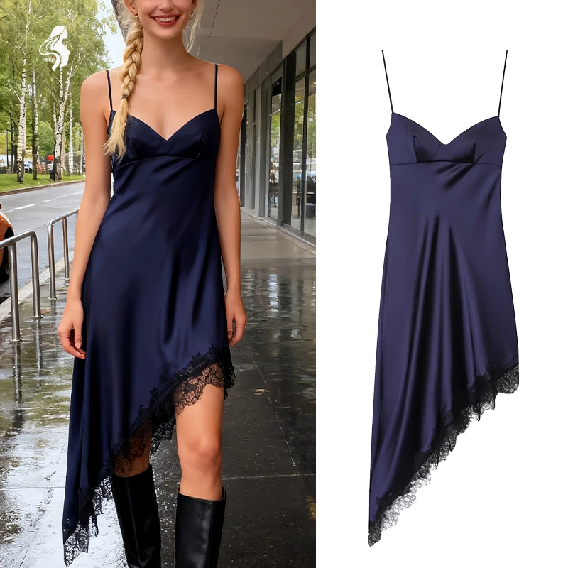 RECJI 여성 드레스 백리스 레이스 트림 밑단 비대칭 스트랩 드레스 우아한 섹시한 파티 드레스 여성을위한 필수품 Trafizaran