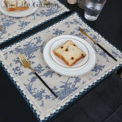 French Pastoral Cloth Placemat Waterproof Modern Simple Table Mat Coffee Table Plate Pad Blue Floral Cotton Fabric Home Decor