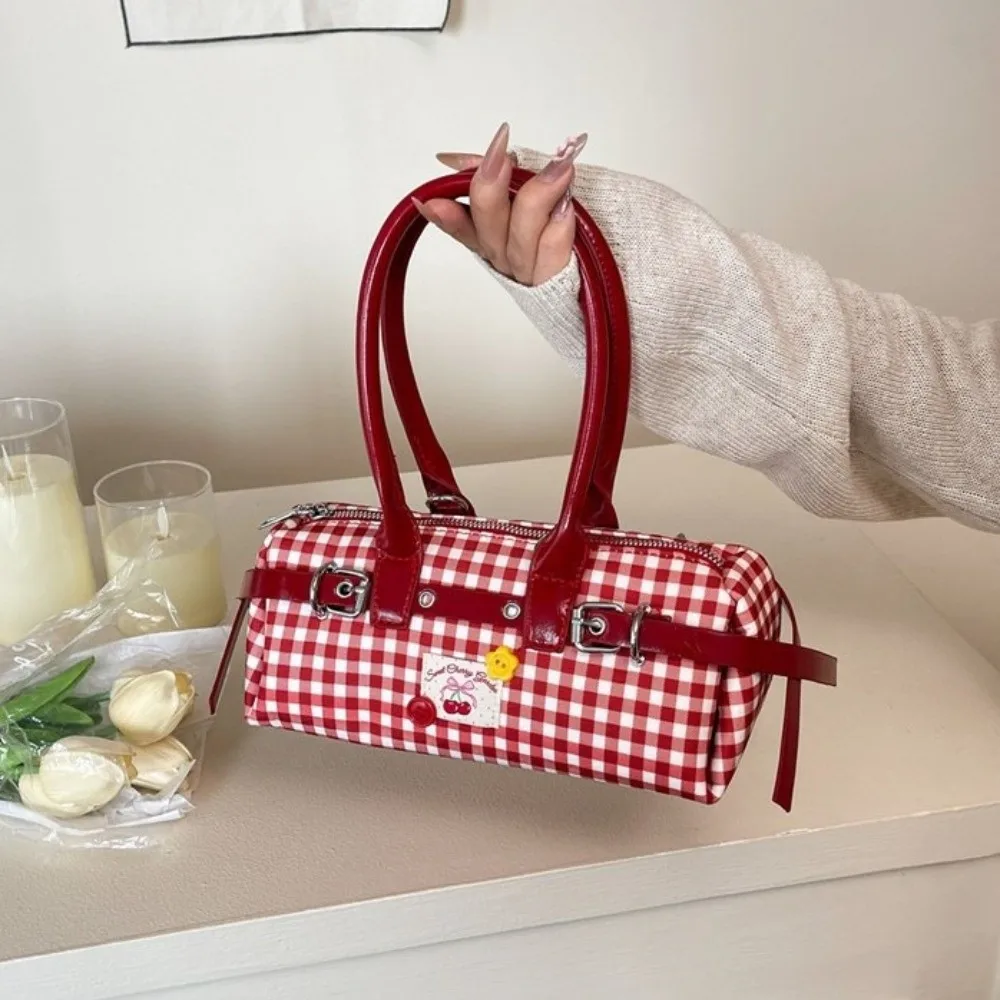 

Fashion Bow Grid Shoulder Bag Seersucker Korean Style Women Underarm Bag PU Leather Commuting Bowling Bag Girls