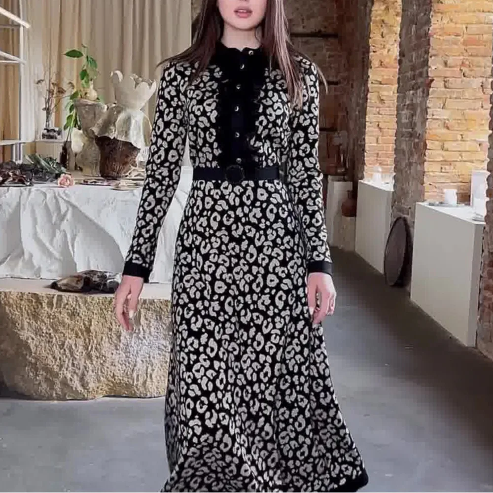 Autumn Elegant Style Waist Wrapped Fashionable Slim Long Dress Lace Printed Belt Women Office Lady  Travel For Boho Casual Robe