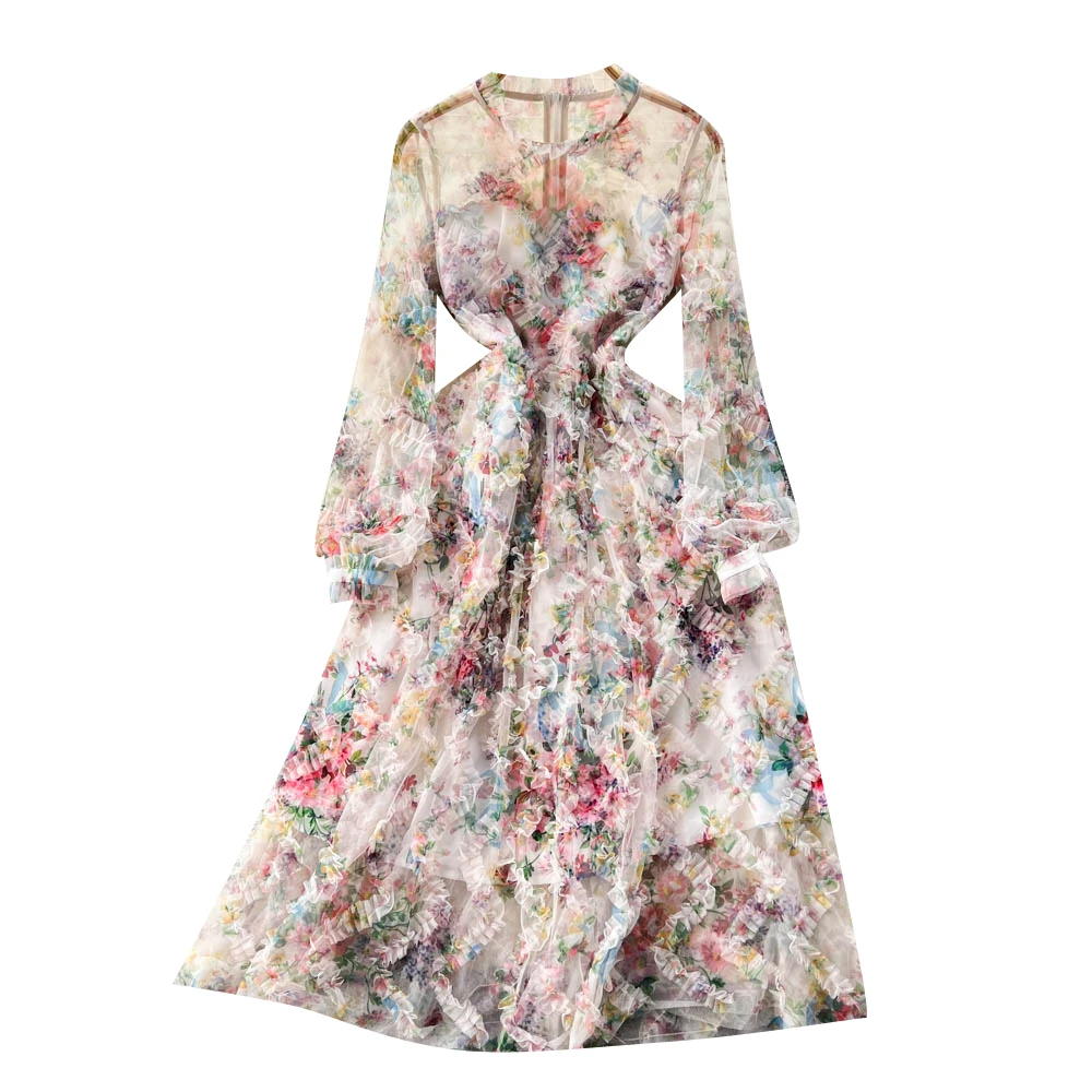 Vestido E de Chiffon com Estampa em Malha, Saia em Camadas de Cintura Alta para Mulheres, Estilo Coreano, Decote Redon...