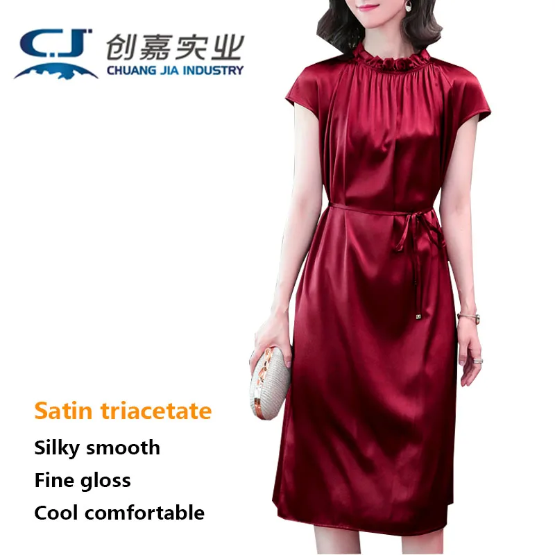 

Satin Triacetate Spring Summer Lady Lotus Leaf Crewneck Dress Grey Silky Draping Comfortable Cool Mid-length Skirt Free Shipping