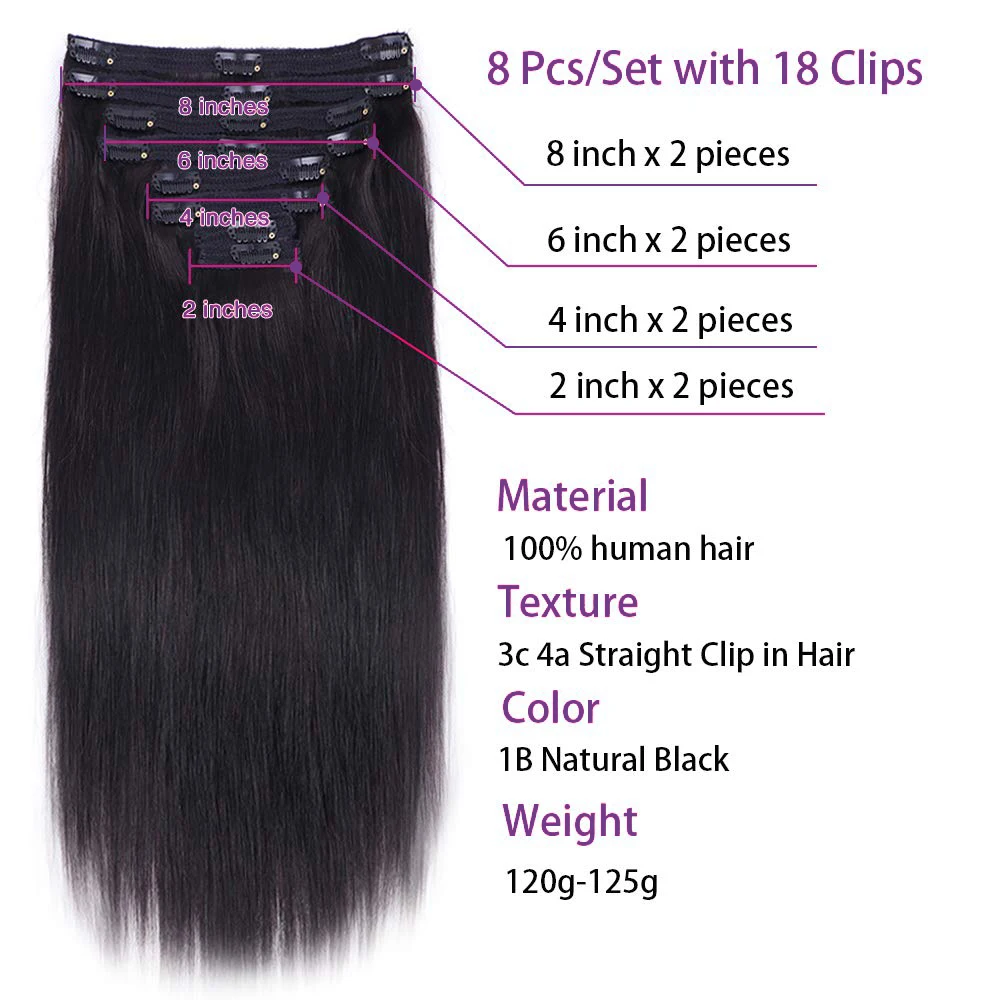 Extensiones de cabello humano con Clip, cabello humano Real de doble trama, hecho a mano, liso, 8 piezas, 120G, 100%, cabello virgen brasileño