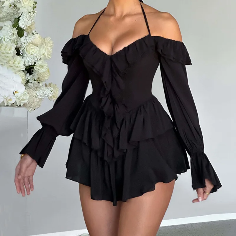 European and American Style Women's Summer New Sexy Hanging Neck Low Cut Ruffled Long Sleeved Jumpsuit Shorts