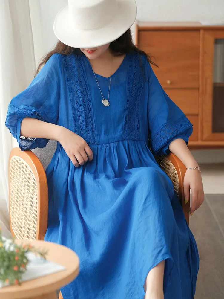 Women Summer Casual Dress New Arrival 2022 Vintage Style V-neck Lace Loose Comfortable Ladies Elegant A-line Long Dresses D386