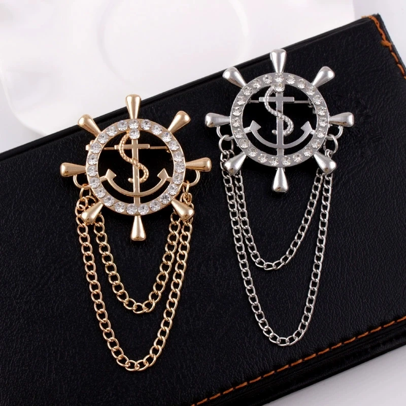 

Винтажный значок для костюма, кисточка-цепочка в темно-синем стиле, якорь корабля, руль, мужская и женская брошь