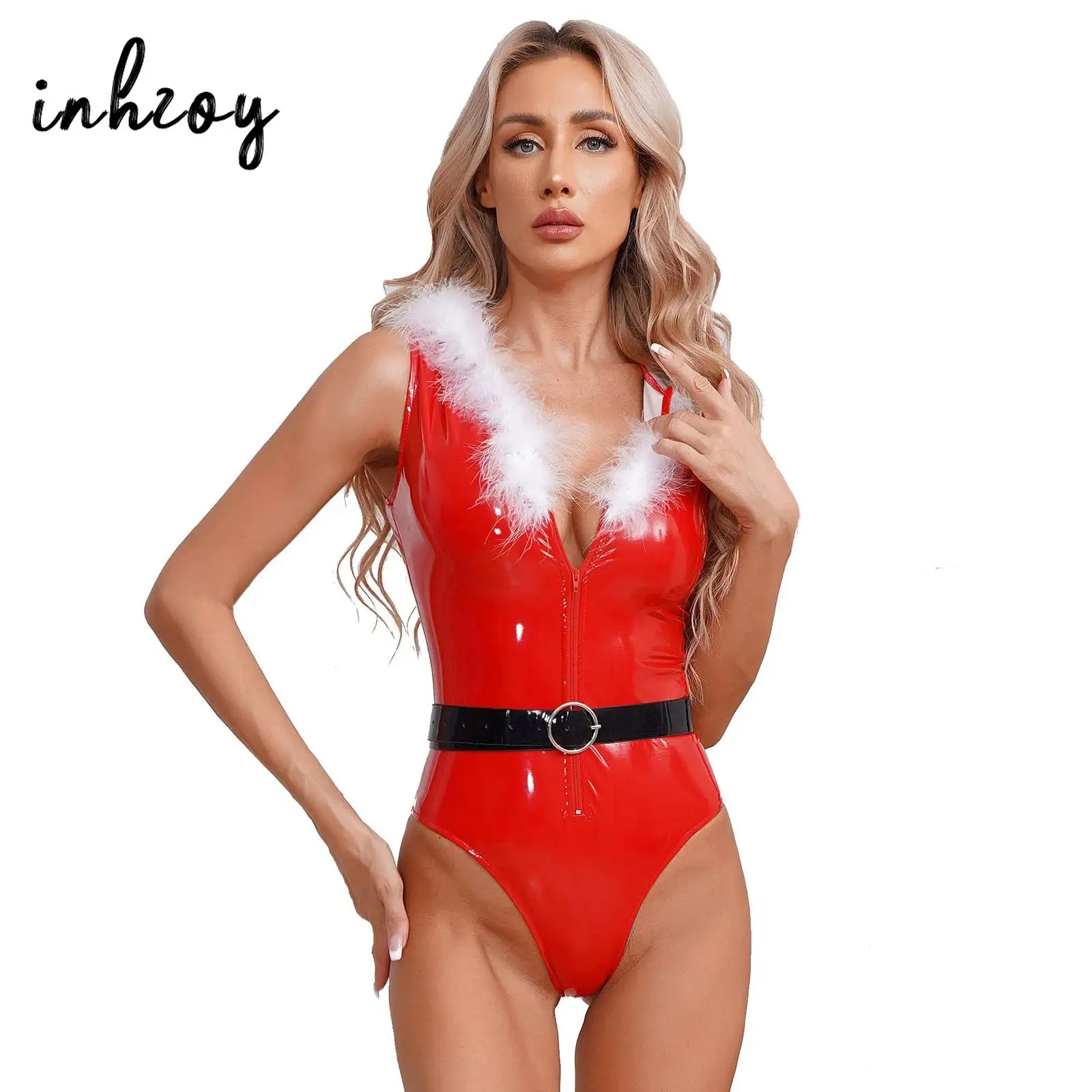 Womens Patent Leather Christmas Party Jumpsuit Wet Look Hooded Bodysuit with Belt Feather Trim Front Zipper Sleeveless Leotard