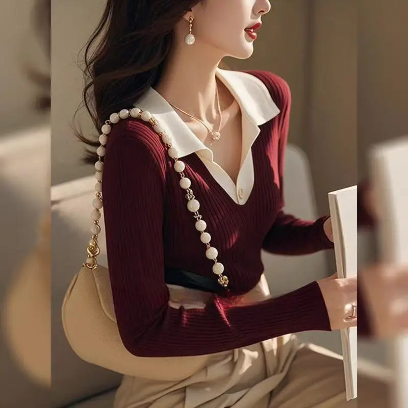 2025 New Casual Vintage Polo Collar Long Sleeve Knitted Sweater Tops for Slimming Women's Wear Early Autumn Winter Wine Red