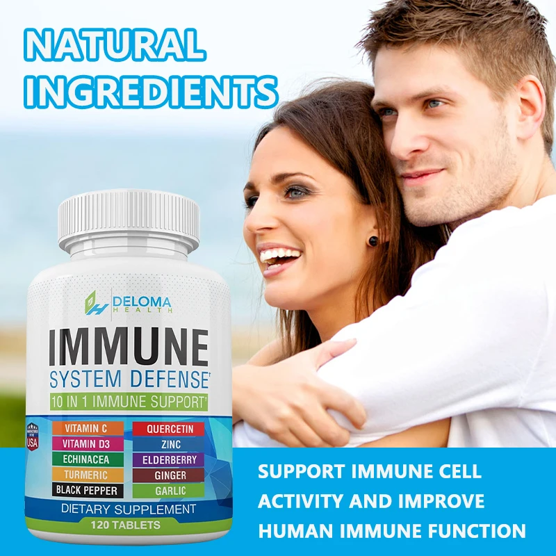 10-in-1 Immune System Defense Supplement - Vitamin C, Vitamin D3, Zinc, Elderberry, Echinacea, Turmeric, Ginger, Garlic