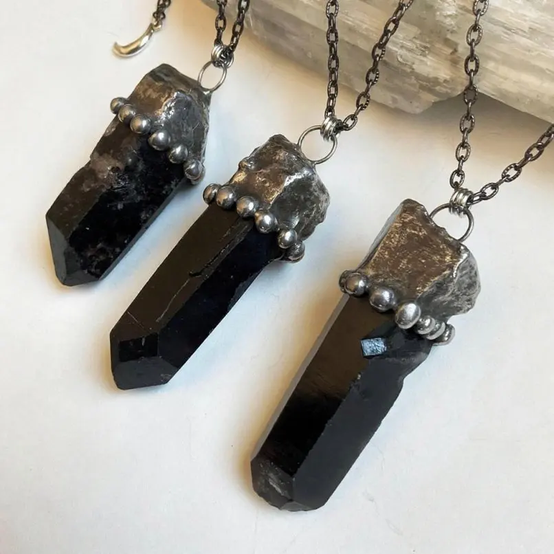 

Free Form Soldered Necklace Antique Silver Plated Vintage Handmade Morion Smoky Crystal 30+3inch Jewelry