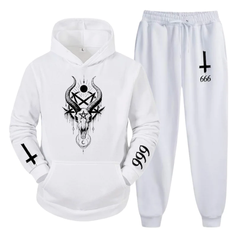 

2025 Trend Men's Street Style Smart Casual Set – Hooded Sweatshirt & Pants with Satanic Goat Skull Print, Fall/Winter Two-Piece