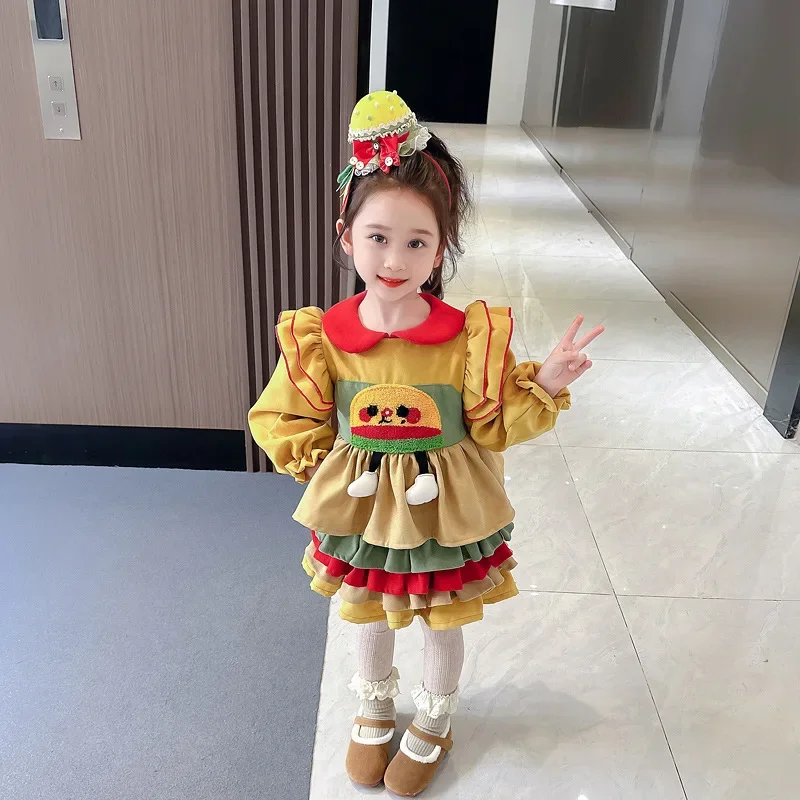 Girls Fashion Hamburger Fleece Thickened Lolita Princess Dress 2024 Autumn and Winter New Baby Girl Dress