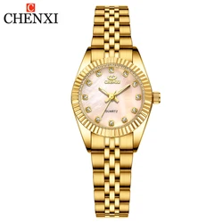 CHENXI Golden Stainless Steel Small Dial Charm Dress Trendy Wristwatch Pink Seashell Surface Luxury Women's Quartz Watch Quartz