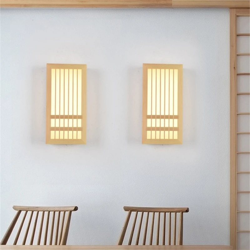 Japanese Style Solid Wood Wall Lamps LED Interior Lighting Fixtures Acrylic Rectangular Lamp Bedside Light for Bedr Living Room