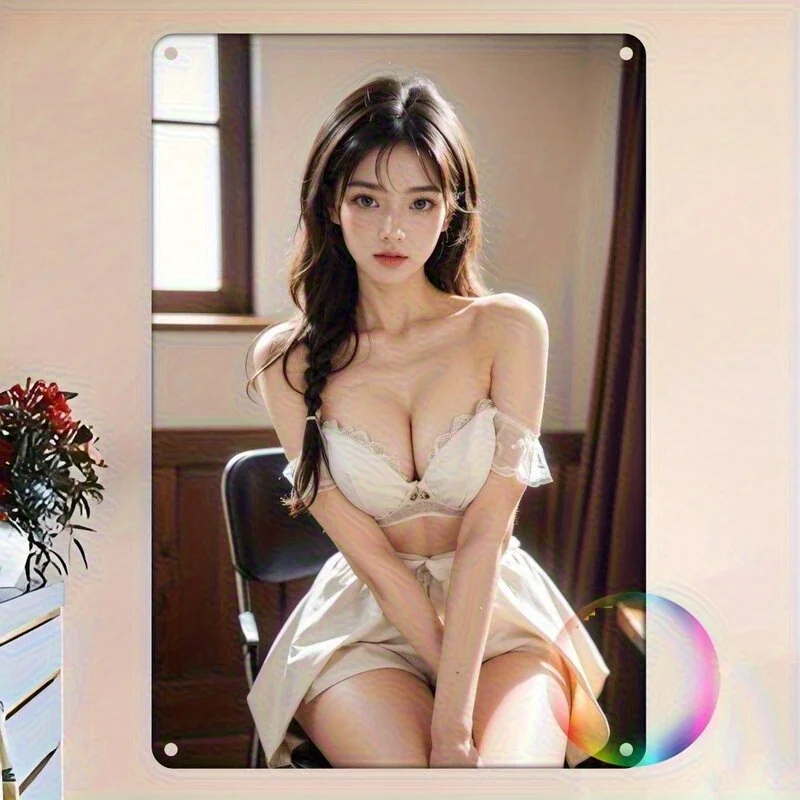Vintage Metal Wall Art Sign - Beautiful Woman in Lingerie Retro Tin Foil Painting Durable Fade-Resistant Iron Home Office Ba