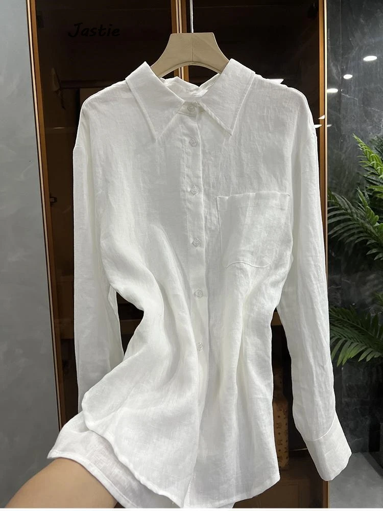 Conjunto de 2 piezas de Camisa de algodón para mujer, blusa holgada de manga larga y pantalones cortos informales con cintura elástica, color blanco, primavera y verano, 2024