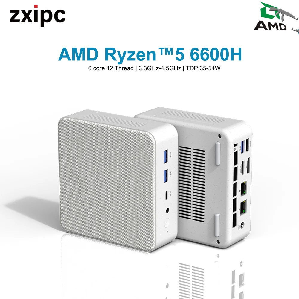 ZXIPC AMD Ryzen 5 6600H 미니 PC 데스크톱 게임용 컴퓨터, 윈도우 11 DDR5 4800Mhz 16GB 500GB Nvme SSD, WIFI6 BT5.2 트리플 디스플레이