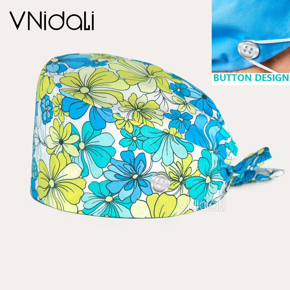 Green flower print hat scrub cap beauty salon Health facility workers scrub hat with button nursing hat scrubs gorro enfermera