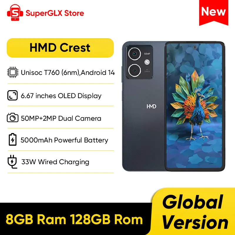 글로벌 버전 HMD Crest 스마트폰, 5000 mAh 6.67 인치 FHD OLED 스크린, 50MP 카메라, 33W 충전 지지대, 안드로이드 14, 8GB, 256GB, 5G, 신제품