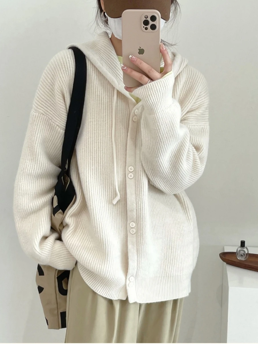Spring Autumn Lazy Sle Knitted Open Cardigan Korean Pure Color Casual Versatile Hooded Long Sve ular Fem Outerwear