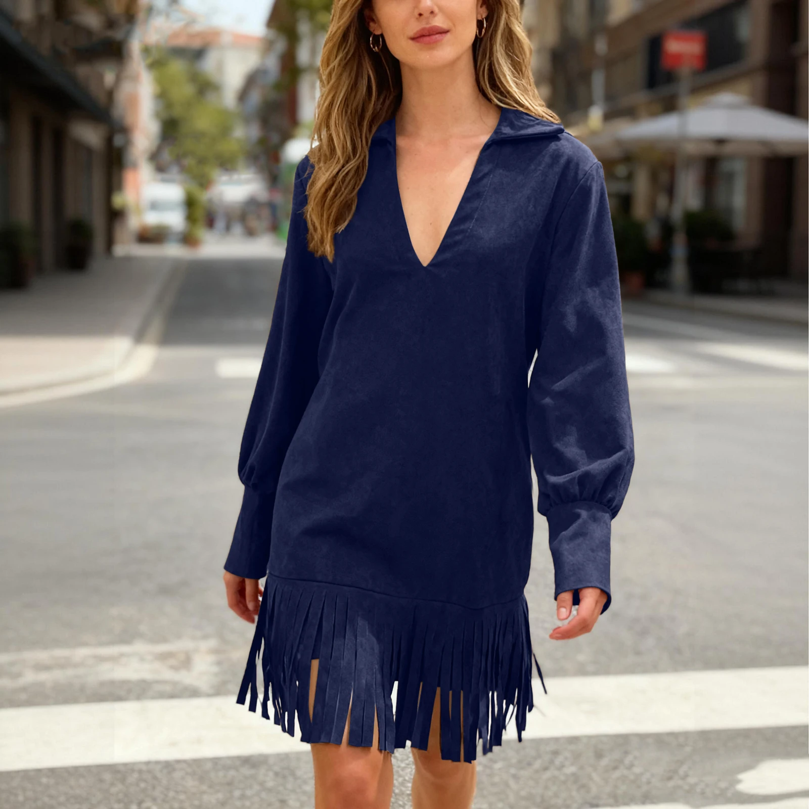 Robes femmes Mini robes Olive daim col frange manches bouffantes robes décontracté quotidien 2026 à la mode élégant tenue Vestido