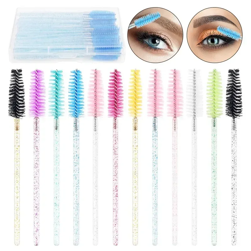 50Pcs Disposable Crystal Eyelash Extension Brush Mascara Wands Applicator Eyebrow Lashes Brushes with Flask Case Makeup Tools