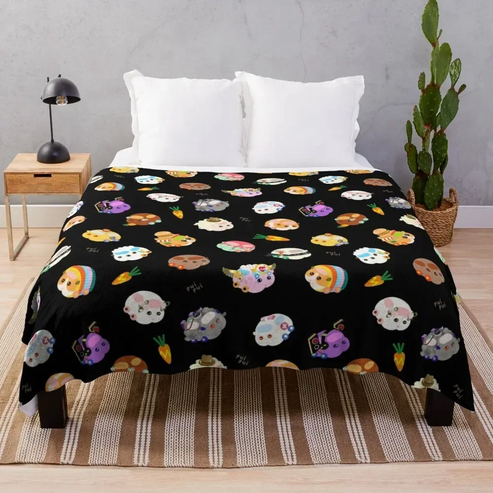 Pui Pui Molcar Assorted Characters Toss Design - Black Throw Blanket Thermal Vintage Soft Softest Blankets