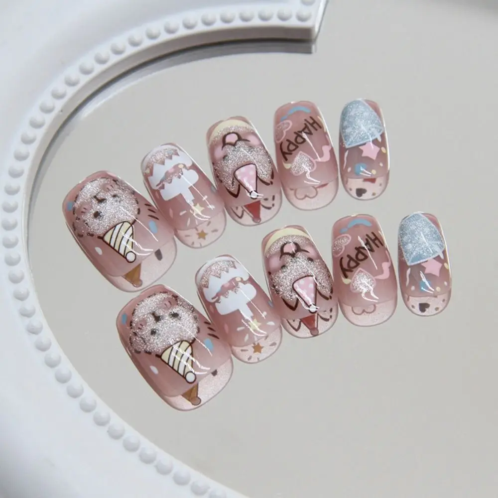 Manicure Long Almond and Short Round False Nails French Strawberry Press on Nails Detachable Bow Tie Cat Nail Tips DIY