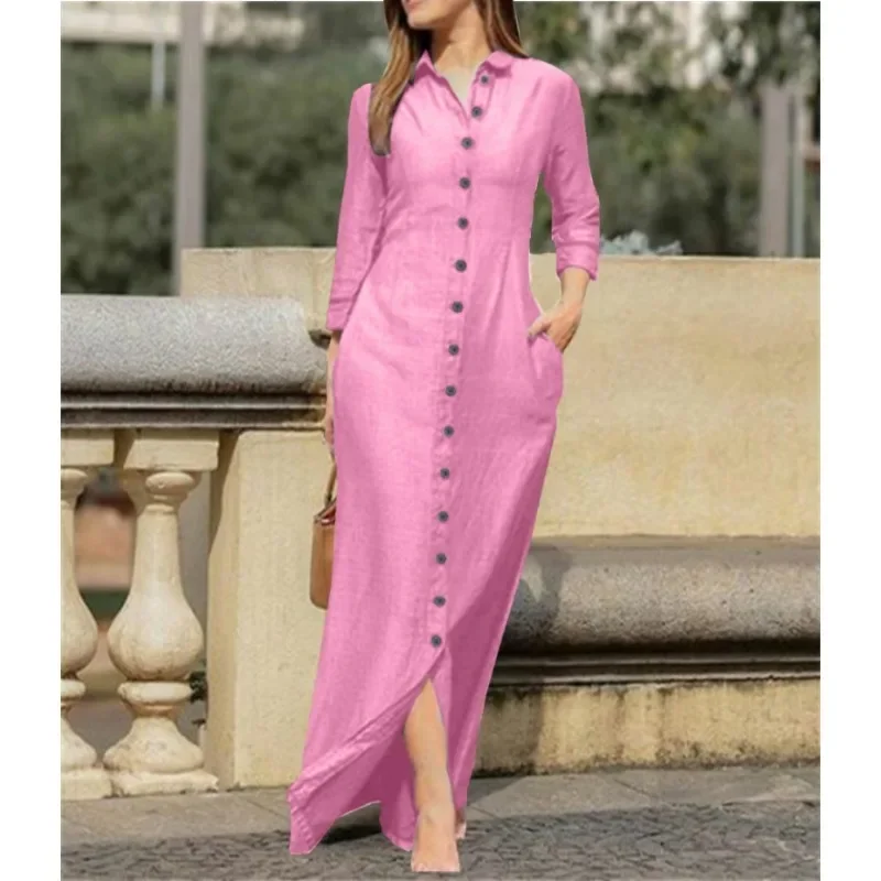 Women's Spring Summer Loose Casual Lapel Solid Color Cotton Long Dress Elegant Long Sleeved Button Up Oversized Loose Long Dress