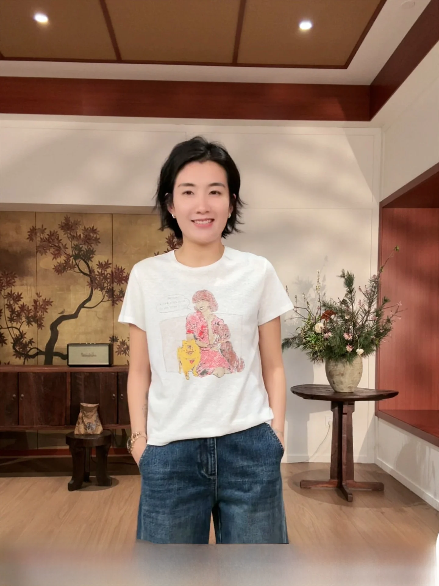 Langqing Friend White Print Cotton Linen Short Sleeve Women's Summer Shoulder Top Hanflax T-shirt Commute Style Standard Fit