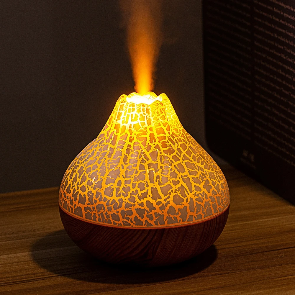 

300ml Small Volcano Air Humidifier Desktop Electric USB Water Mist Air Freshener Wood Grain Base with 7 Colors Light for Bedroom