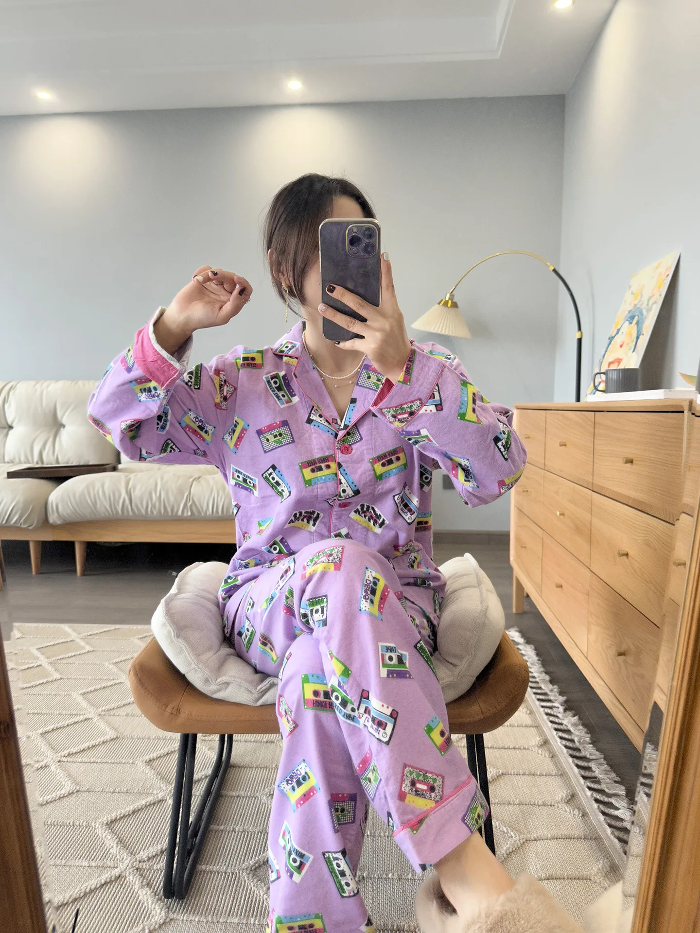 Damen Niedlicher Cartoon-Druck 100% Baumwolle Gebürstetes Pyjama-Set Frühling Herbst Langarm-Oberteil Lange Hose 2-teilig Loungewear Homewear – Detail 27