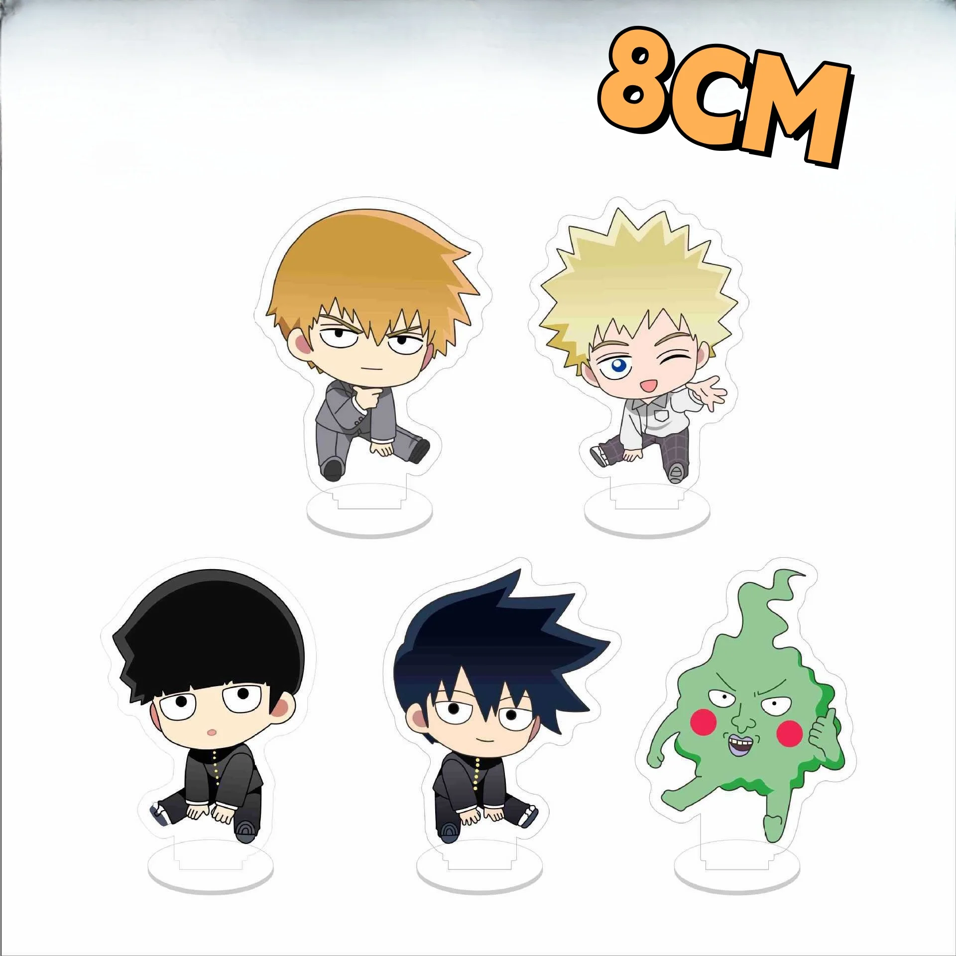 

8CM Cute Anime Mob Psycho 100 Acrylic Stand Doll Mini Figure Model Plate Cosplay Toy for Gift Toy Keyring for Gifts