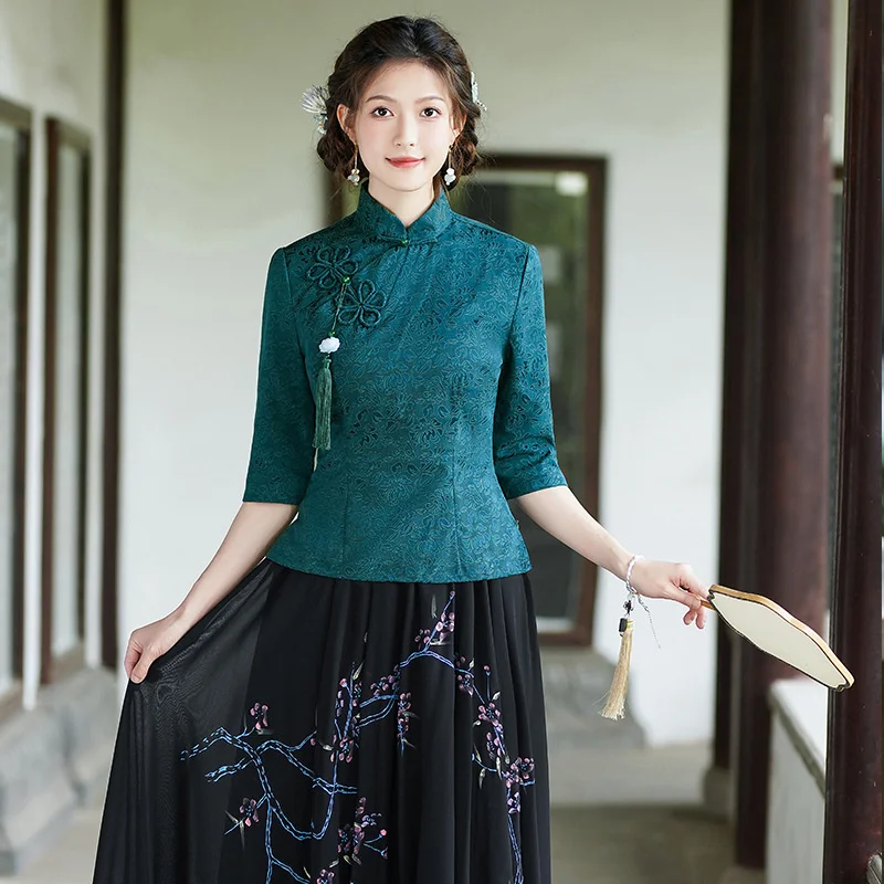 

Sheng Coco Traditional Chinese Women Clothing Navy Green Chinese Style Suit New Improved Cheongsam Tops Slim Oriental Suit