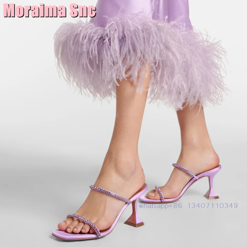 

Crystal Square Toe Satin Slippers Wine Glass High Heel Sexy Fashion Elegant Women's shoes Slippers Violet Solid 2024 New Arrival