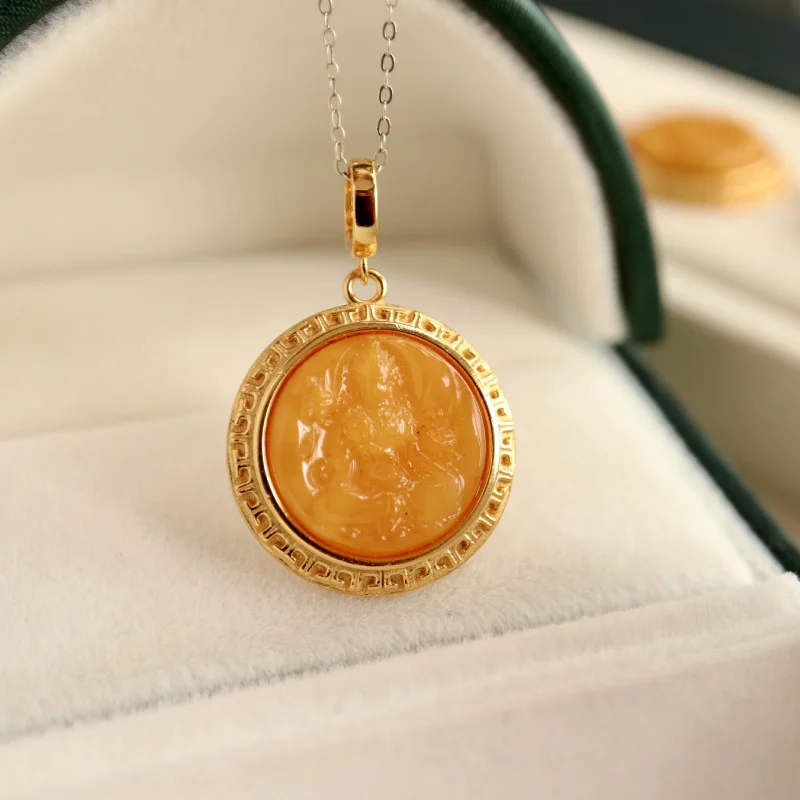 Natural Wax Green Tara Pendant Old Amber Silver Necklace Jewelry