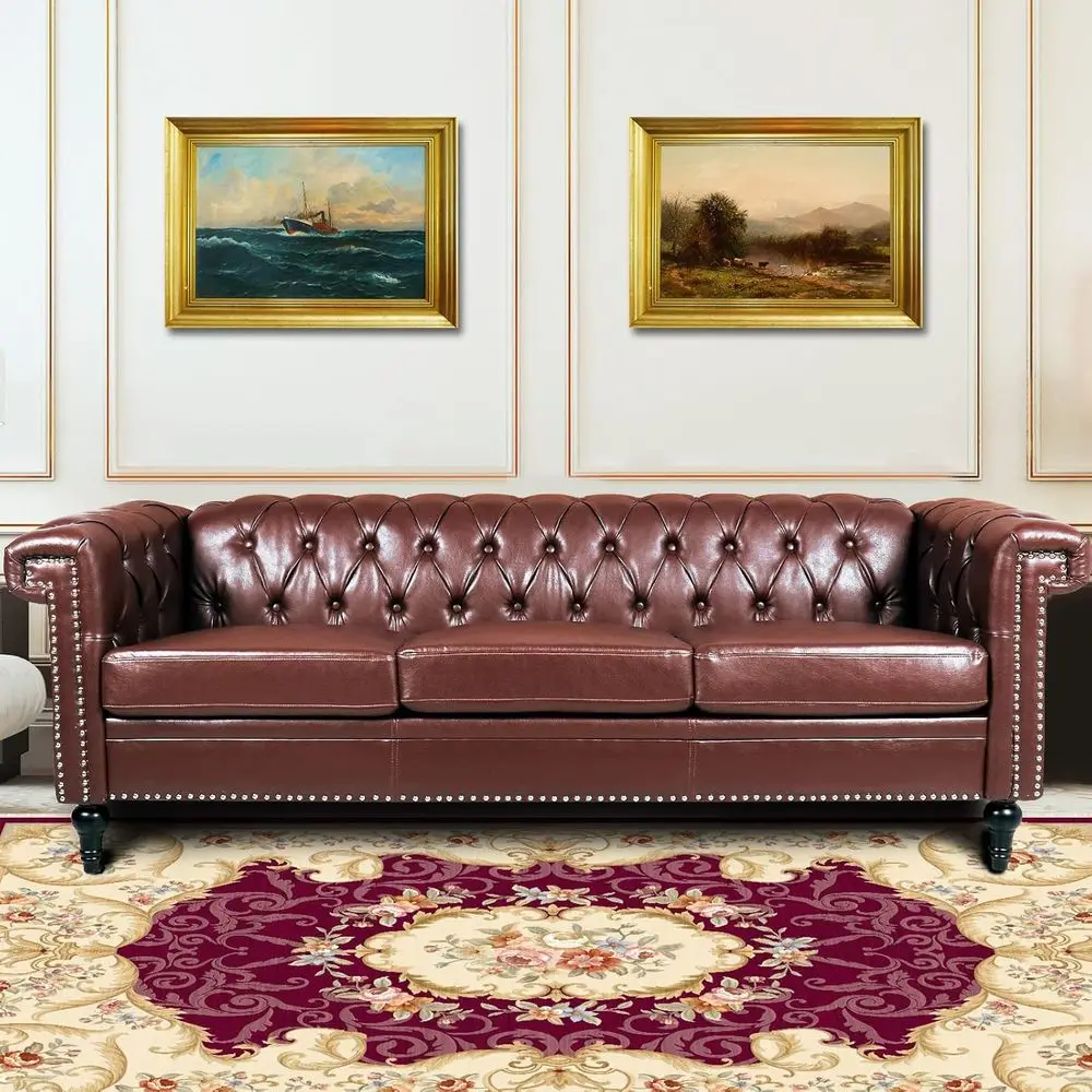 

Классический кожаный диван на 3 места, глубокий комфорт для гостиной или спальни, простая сборка, традиционный стиль Честерфилд