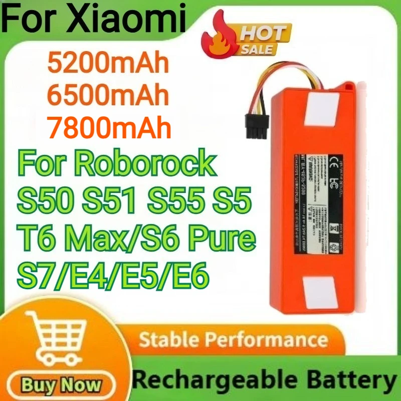 

For Xiaomi Roborock 7800mAh for S50 S51 S55 S5 T6 Max S6 Pure S7 E4 E5 E6 Li-ion Battery Replacement Robot Vacuum Cleaner