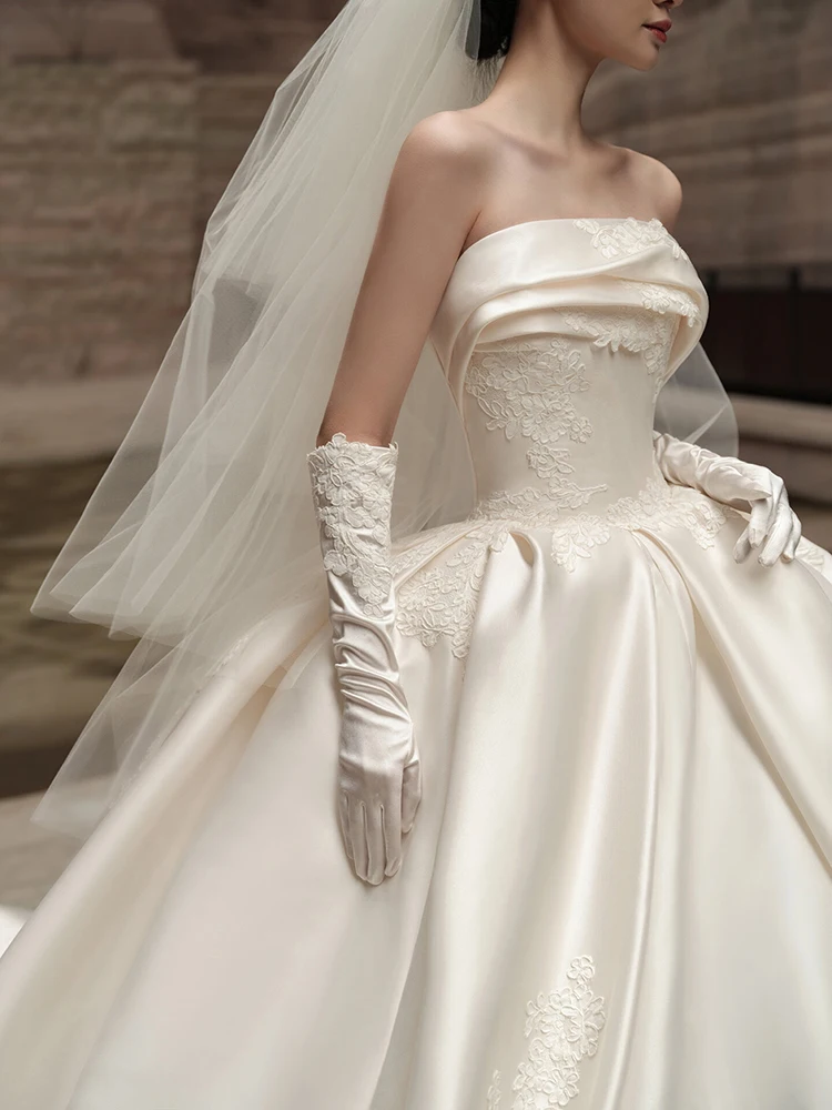 

Satin Bridal Gown Strapl Outfit for orter Brides High Waist Embroidered Long Tail Wedding Dr Vintage Sle