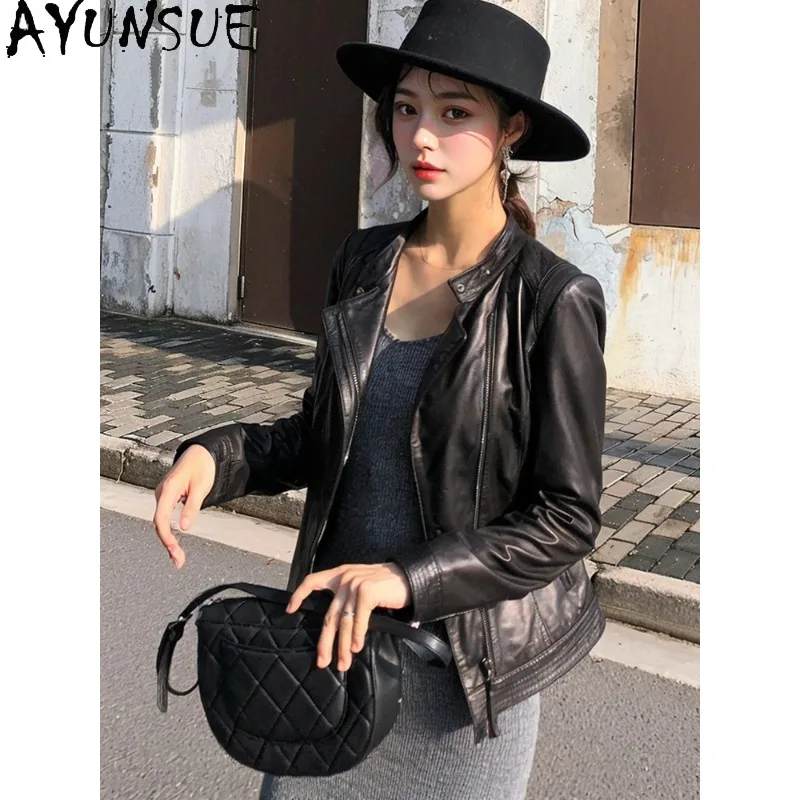 AYUNSUE Sheepskin Leather Jacket Woman Fashion Short Black Outerwear Fitted Real Leather Jackets Woman Clothes Jaqueta Feminina
