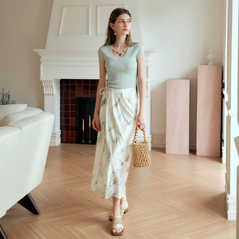 OLrain Elegant Satin Long Skirt Women 2025 Straight Printed Side Slit Tied High Waist Ladies Skirts Female Clothes O24XB83652