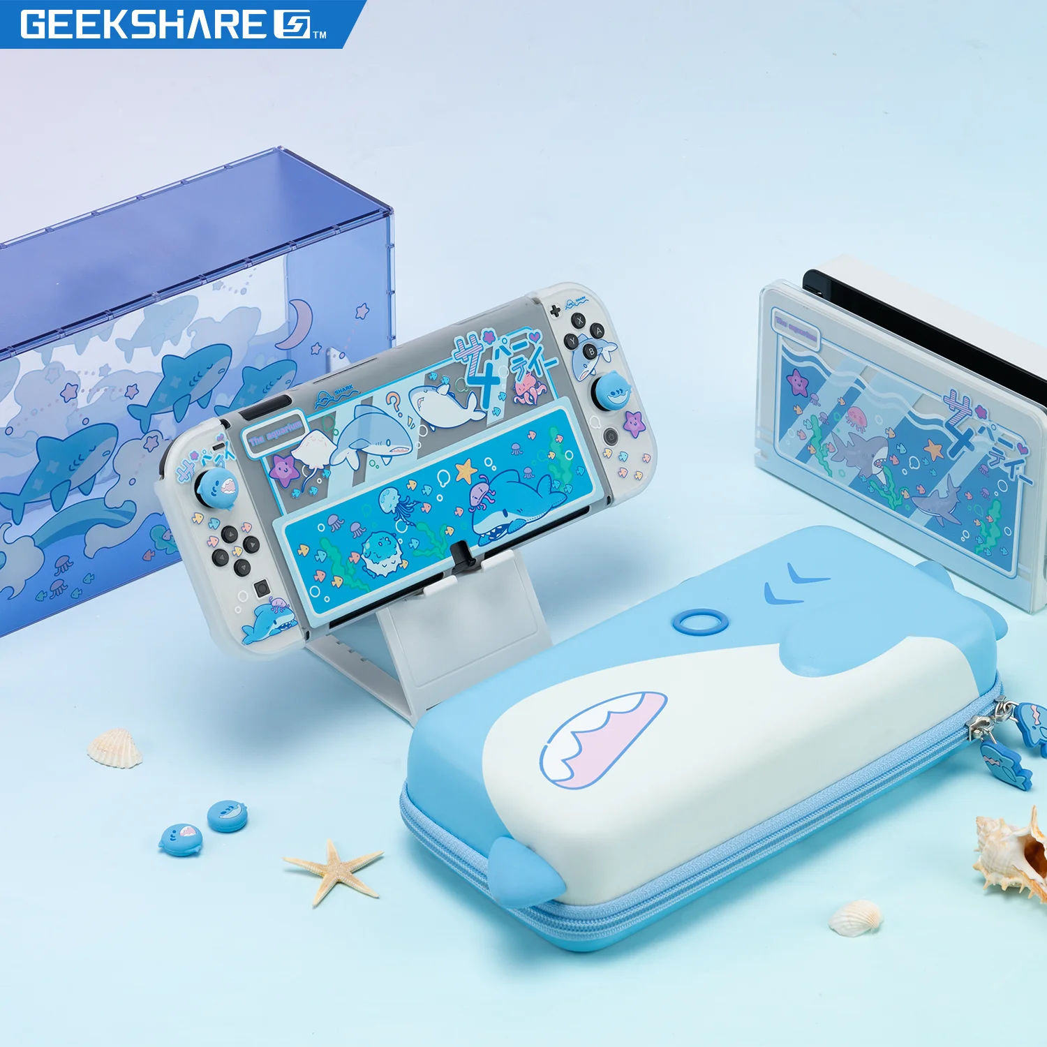 Powłoka ochronna rekina GeekShare futerał do przenoszenia osłona przeciwpyłowa do przełącznika Nintendo/Ored 4 szt. Nakrętki uchwyt na kciuk akcesoria do gier