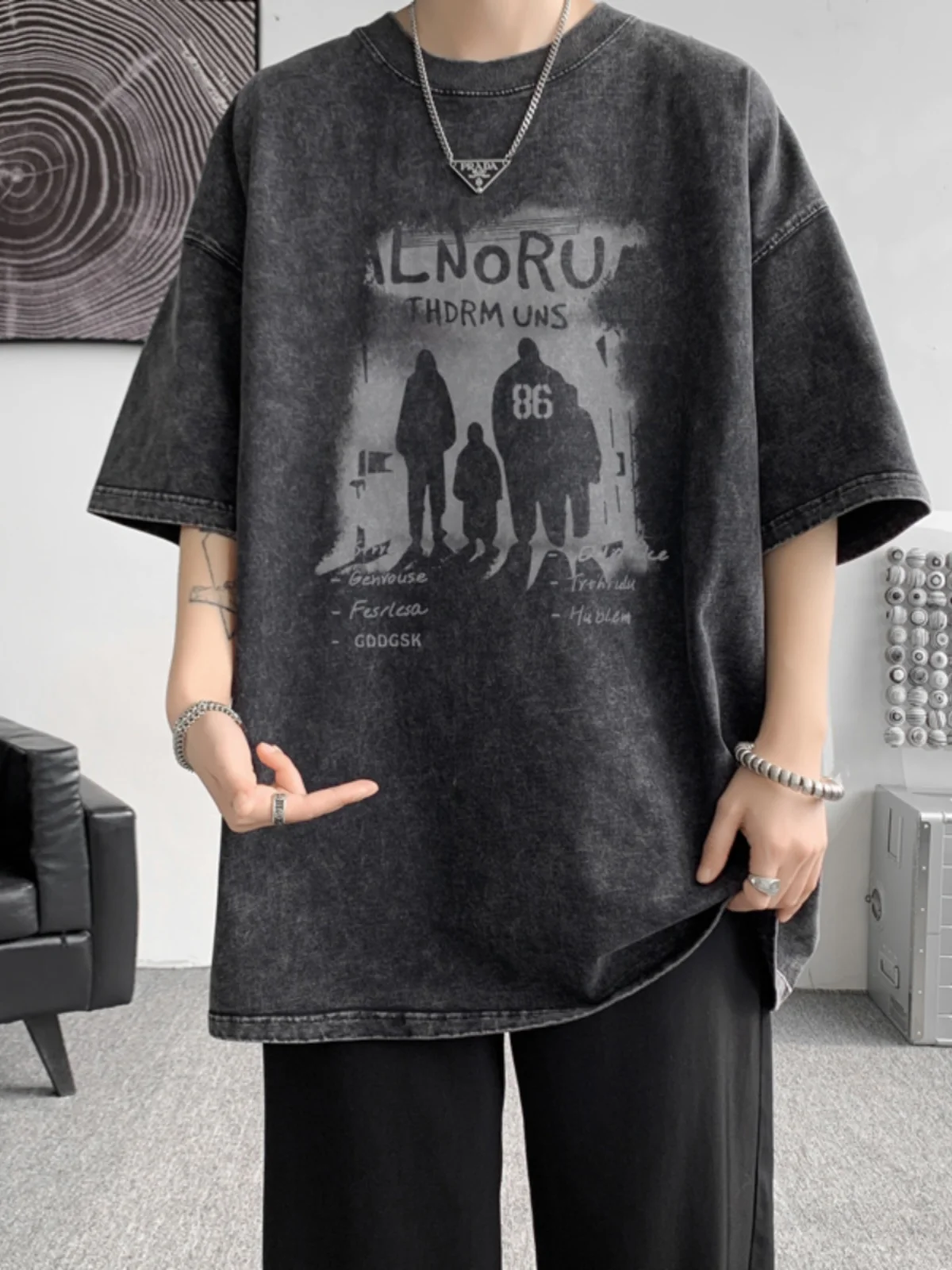 

Retro American ort Sve T-irt Men Summer Trendy High Street Loose f Sve Teenage Heavy Du Versatile Body irt